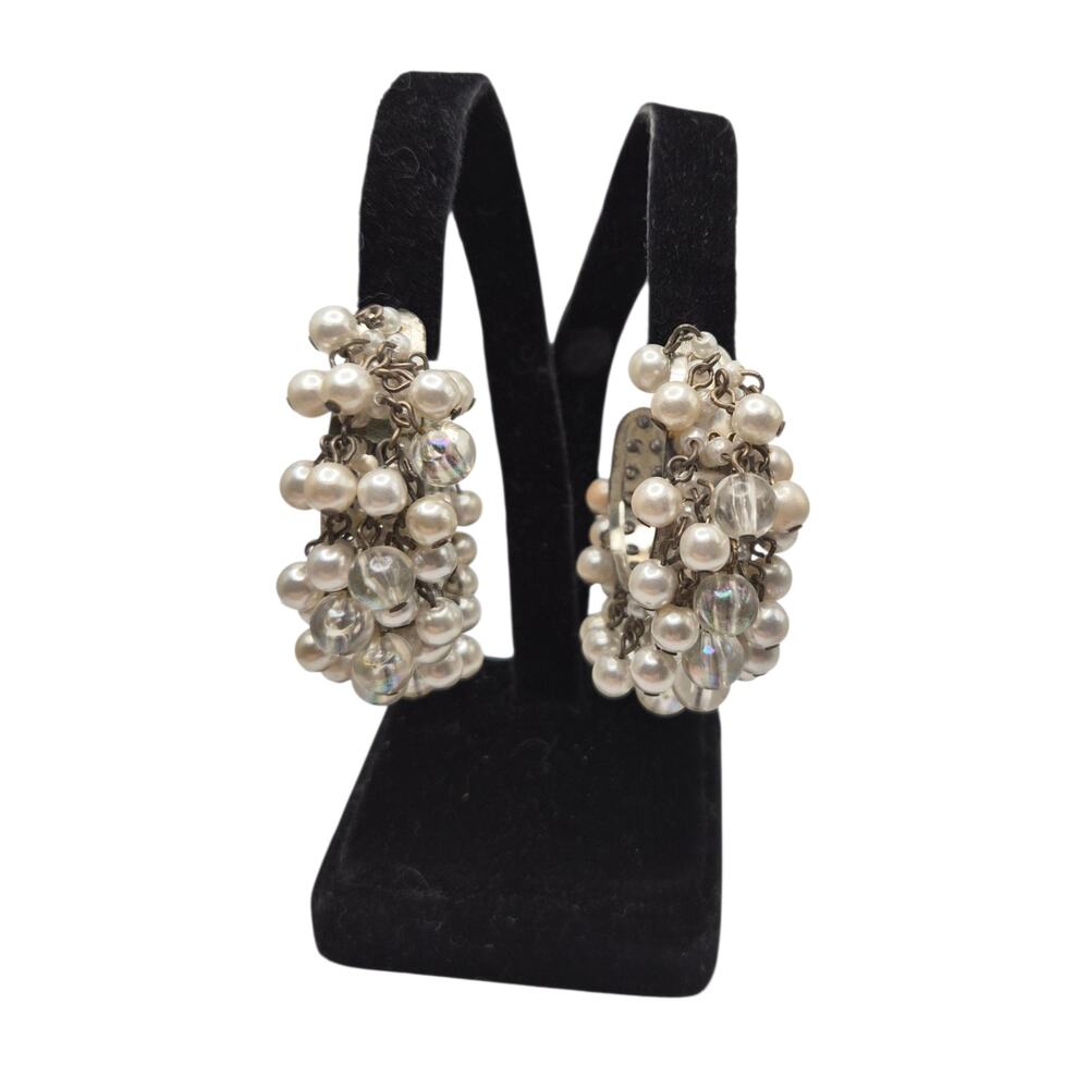 Vintage Faux Pearl Bead Hoop Earrings Pierced Boho Dangle 1980s